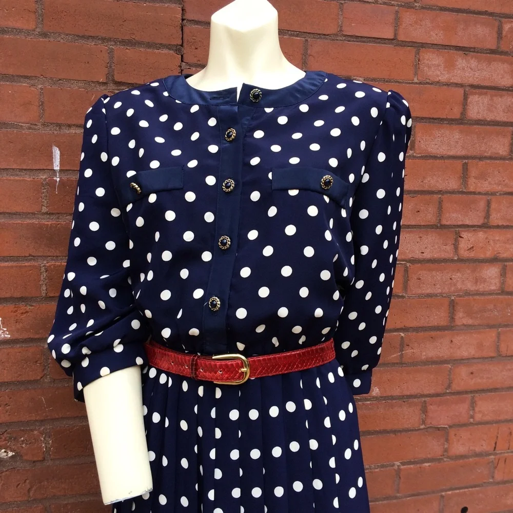 Vintage 80s Classic Navy Polka Dot Dress - Picture 4 of 6